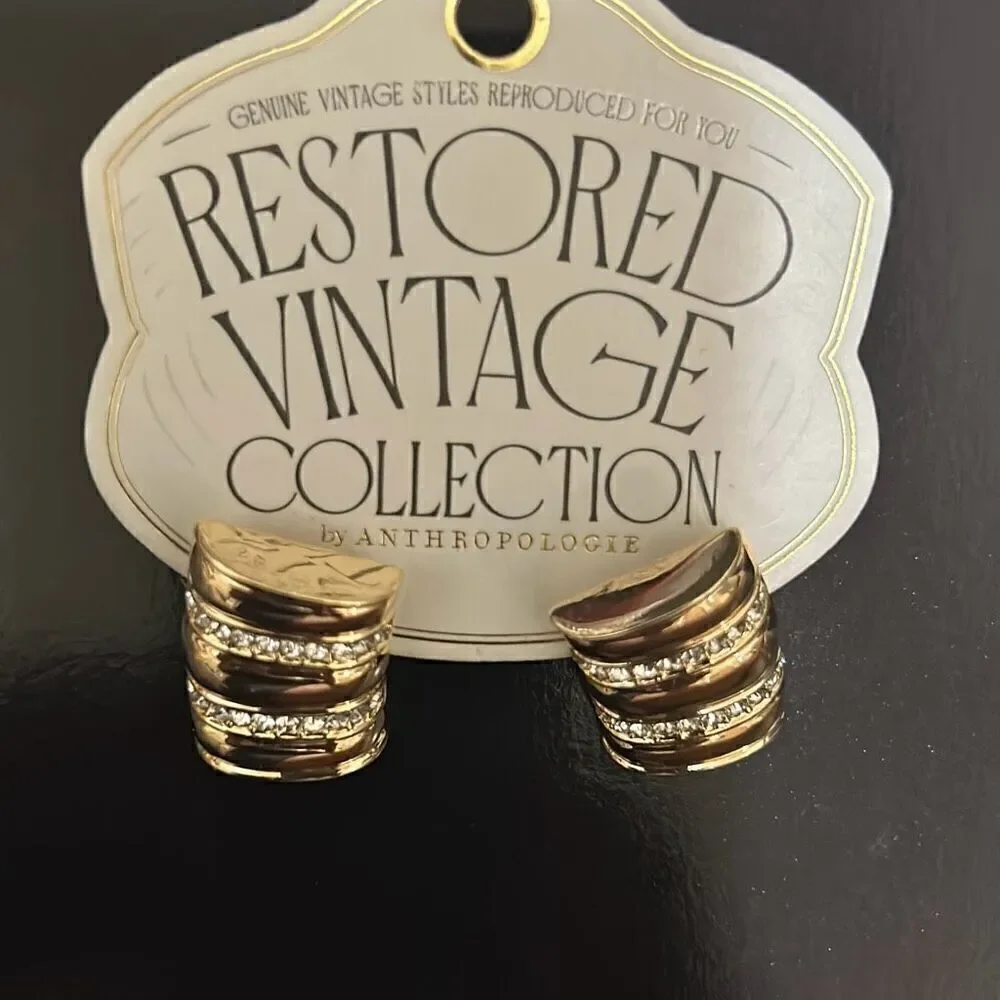 Anthropologie Restored Vintage Crystal Encrusted Curved Earrings 14K Gold Plate